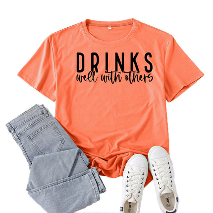 Amazon Supply Drinks Well with Others Printed Short-Sleeved Women's Casual Summer Casual