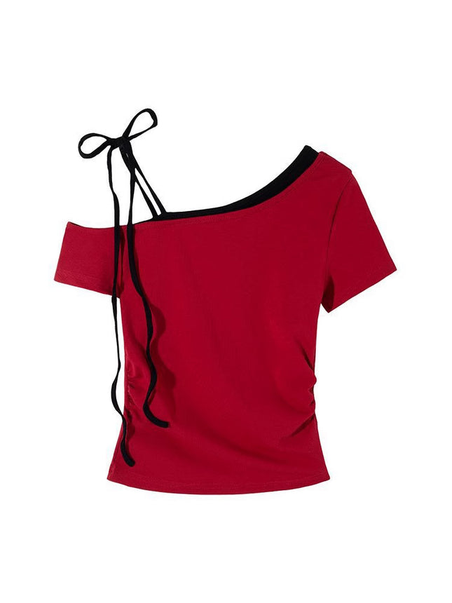 In-Stock Red Spicy Girl Off-Shoulder Short-Sleeve T-Shirt for Women, Summer Slim-Fit Design with Straps, Off-Shoulder Crop Top
