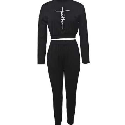 Y045 Cross-Border Women's Clothing Amazon Letter Embroidery Crop Top Long-Sleeve Long Pants Stylish Workwear Comfortable Casual Wear