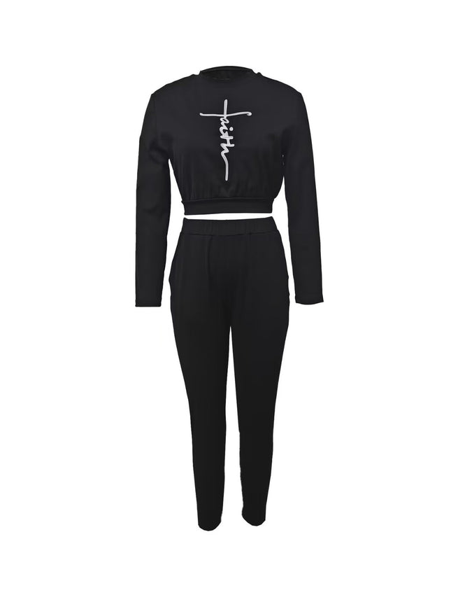 Y045 Cross-Border Women's Clothing Amazon Letter Embroidery Crop Top Long-Sleeve Long Pants Stylish Workwear Comfortable Casual Wear