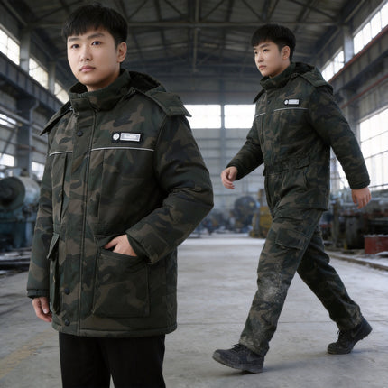 Winter Cotton-Padded Labor Protection Clothing for Men, Fleece-Lined and Thickeneded Cotton-Padded Jacket and Pants Suit, Wear-Resistant and Cold-Proof Camouflage Cotton Coat and Work Clothes