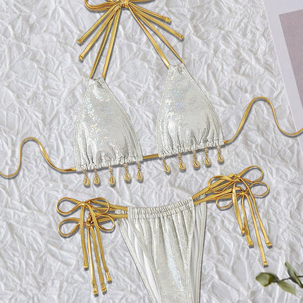Cross-border Amazon Split Bronzing Swimsuit Neck Strap Shell Jewelry Pendant Women's Bikini Sexy Beach Suit