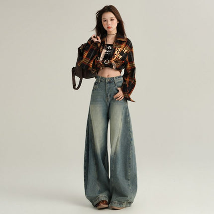 Amazon European and American Style Cross-Border American Retro Washed Distressed Denim Scimitar Pants for Women Loose Wide-Leg Casual Pants