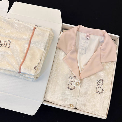 Velvet Pajamas for Women, Cute Rabbit Autumn and Winter Long-Sleeve Long Pants Sweet and Cute Warm Loungewear Two-Piece Set