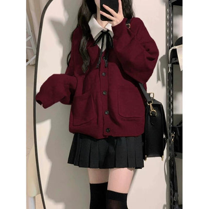Maillard wine red knitted cardigan soft sister Japanese autumn and winter 2024 new explosions coat Korean college style suit