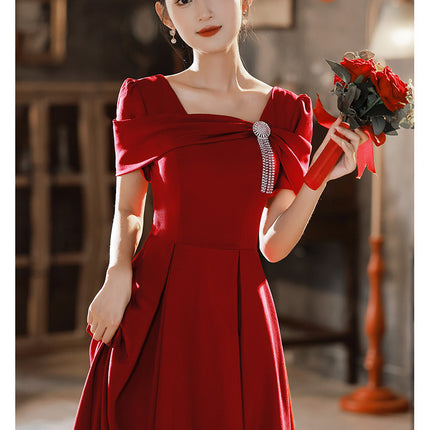 Toast Dress Bride Wedding Red High-end Engagement Mid-length Banquet Back Door Slimming High-end Autumn and Winter dress