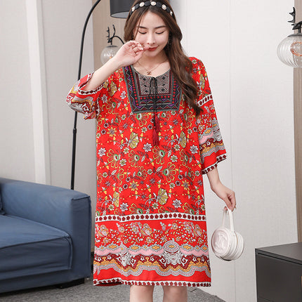Extra Large Size Ethnic Style Round Neck Three-Quarter Sleeve Dress Loose Embroidered Flower Cotton Silk Travel Beach Skirt for Women