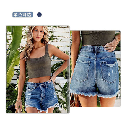 Factory Direct sales Amazon Women's ripped Denim shorts high waist frayed hot selling European and American style comfortable hot pants for hot girls