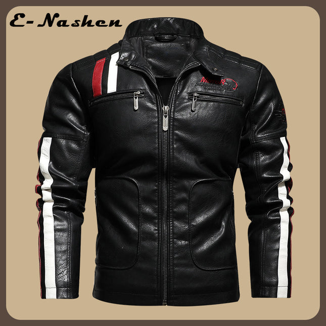 Men's Leather Jacket Autumn and Winter Motorcycle Leather Racing Suit Color Matching Embroidered Motorcycle Pu Jacket Windproof Cotton Jacket