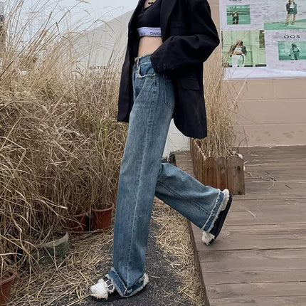 Retro Hong Kong Style Jeans Women's Design Niche Furry Straight Pants New High Waist Slim Floor Mopping Pants Autum