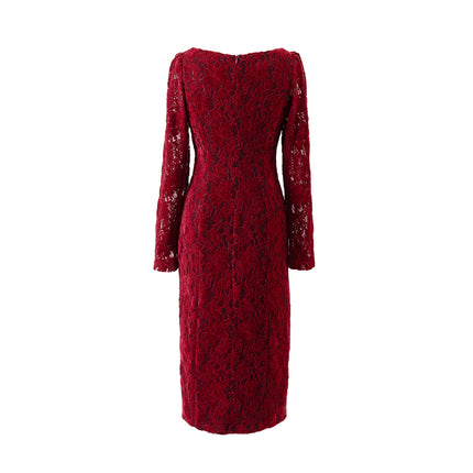 DZ24-168 wine red lace dress 2024 autumn new long sleeve temperament goddess fan dress skirt