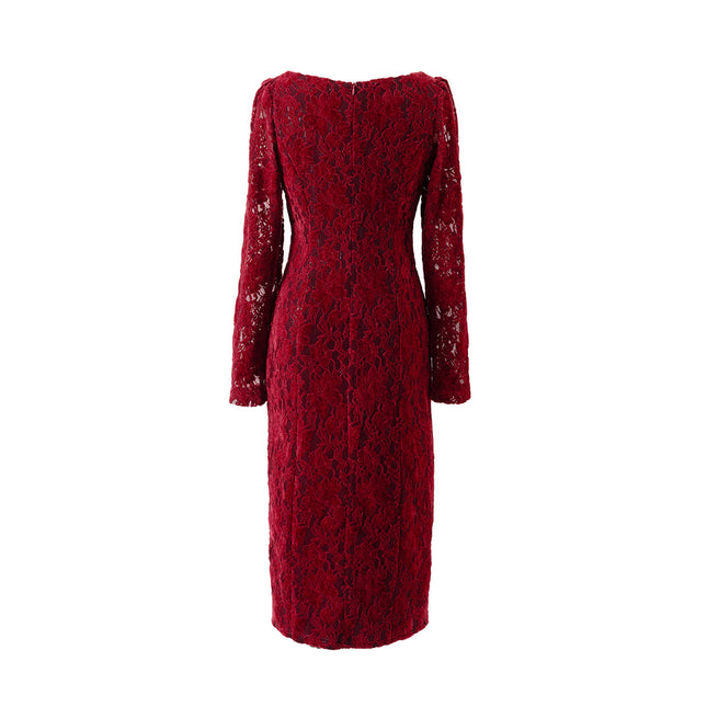 DZ24-168 wine red lace dress 2024 autumn new long sleeve temperament goddess fan dress skirt