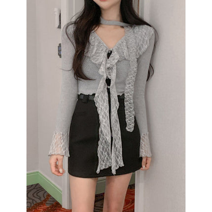 South Korea Dongdaemun New Product Touching Sexy Feminine Ruffled Ribbon Slim Lace Shirt sn