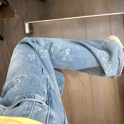 Vintage Butterfly Jacquard Straight-Leg Jeans for Women 2025 Autumn New Petite High-Waisted Floor-Length Pants