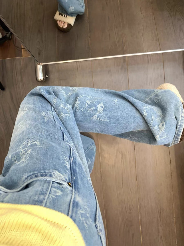 Vintage Butterfly Jacquard Straight-Leg Jeans for Women 2025 Autumn New Petite High-Waisted Floor-Length Pants