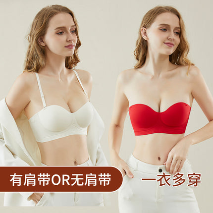 Women's Strapless Bra with Detachable Seamless Half-Cup Design for Small Busts, Wireless Push-Up Bra
