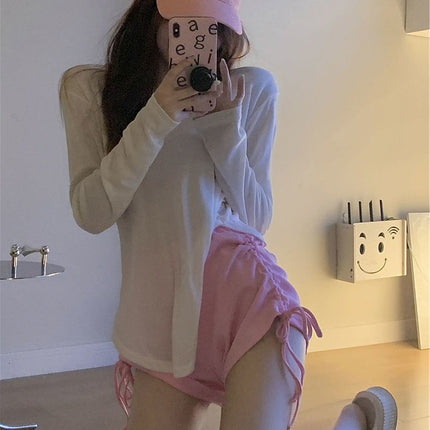 Pure Lust Style Casual Suit Women's Thin Long-Sleeved Sun Protection Shirt Top Summer 2024 Sports Shorts Two-Piece Set