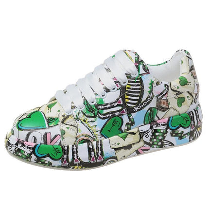 European and American New Hand-painted Graffiti Sneakers Women's McQueen White Shoes Leather Top Thick-soled Elevated Board Shoes Women's Casual Shoes Trendy