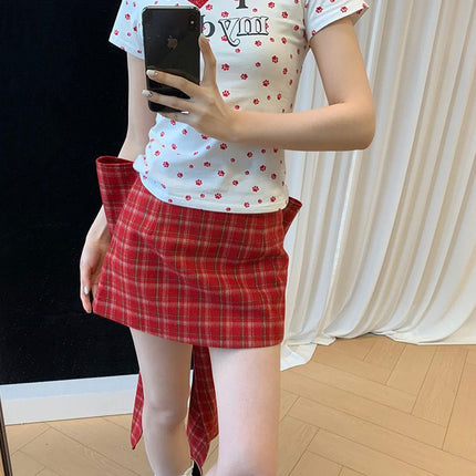 Original Fabric Summer American Retro Heart Dog Paw Printed Short T-Shirt for Sexys Slimming Look Top