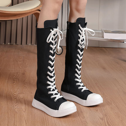 Cross-Border 2025 Spring New Large Size Women's Shoes High-Top Strap Side Zipper Canvas Shoes Simple Long Knee-High Boots