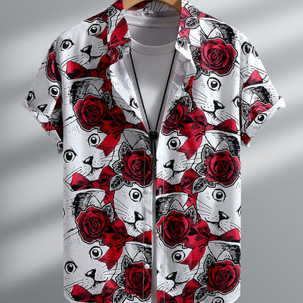Foreign Trade Men's Short-sleeved Shirt Red Rose White Cat Print Middle East Retro Summer 2025 New Cross-border