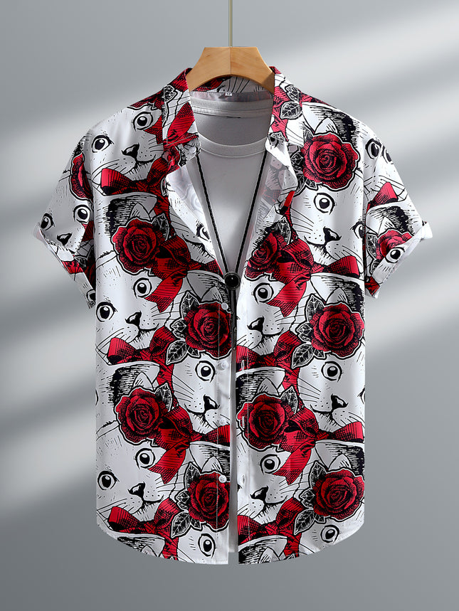 Foreign Trade Men's Short-sleeved Shirt Red Rose White Cat Print Middle East Retro Summer 2025 New Cross-border