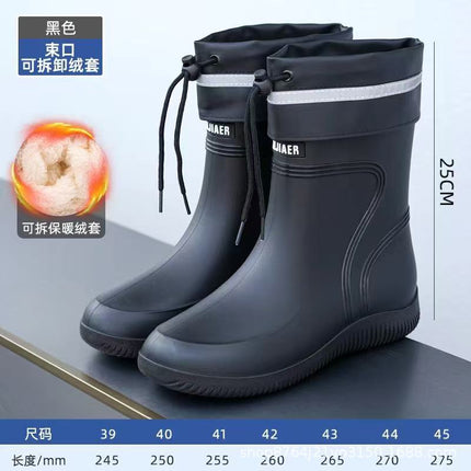 Rain Boots New Men's Waterproof Fleece-Lined Warm Water Boots Mid-Tube Non-Slip Wear-Resistant Rain Boots Fishing Kitchen Work Rubber Shoes