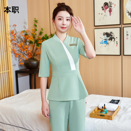 [Beauty Salon Robe] Female Beautician Work Clothes Foot Bath Club Foot Bath Nail Art Autumn and Winter Five-point Sleeve suit