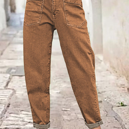 Cross-Border Amazon European and American Elastic Mid-Waist Straight Jeans Green Button Design Diagonal Pocket All-Season Jeans