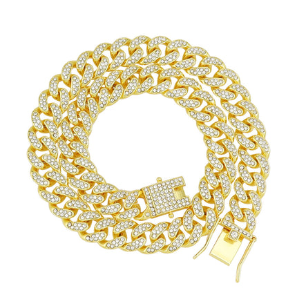 European and American hip hop style full diamond encryption Cuban chain clavicle chain necklace hipster cool flash personality butterfly buckle necklace accessories