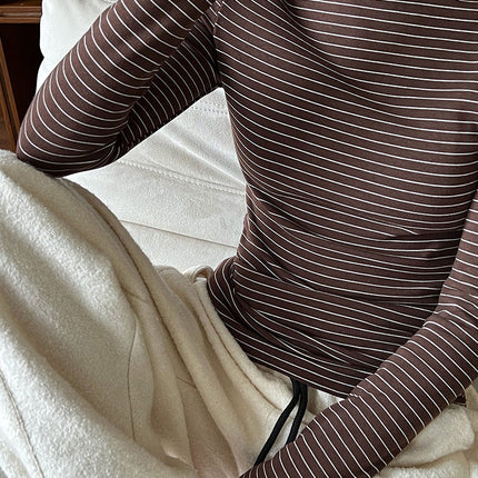 Lu Xi Half Turtleneck Stripesd Velvet Bottoming Shirt for Women 2025 Autumn and Winter New Style Inner Brushed Outer Top 2838
