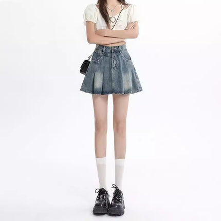 Vintage Blue Denim Pleated Short Skirt for Women Trendy Versatile Summer Petite High-Waisted Slimming Hot Girl A-Line Half Skirt