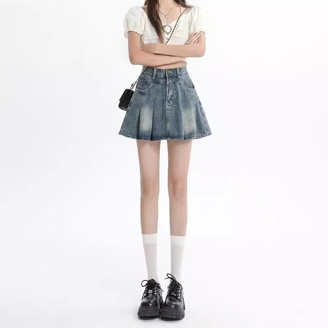 Vintage Blue Denim Pleated Short Skirt for Women Trendy Versatile Summer Petite High-Waisted Slimming Hot Girl A-Line Half Skirt