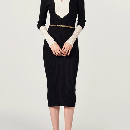Contrast Color Polo Collar Long-Sleeved Knitted Dress Women's 2025 Autumn and Winter New Hepburn Style Slim Long Skirt