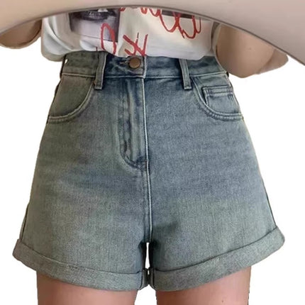 Nostalgic Blue Denim Shorts for Women, High-Waisted Summer Plus Size, Slimming Pear-Shaped Figure, A-Line Hot Pants