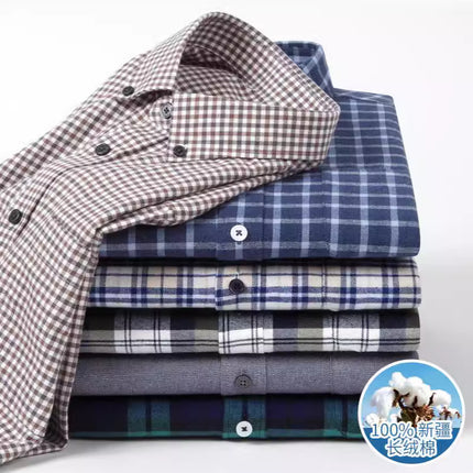 Men's Long-Sleeved Pure Cotton Brushed Plaid Casual Shirts Trendy Fashion Casual Shirts Wholesale