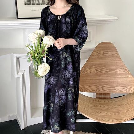 Mishiti Cotton Silk New Chinese Style Short-Sleeved Nightgown for Women, Summer Thin Style, National Style Cotton Silk Home Wear, Can Be Worn Outside