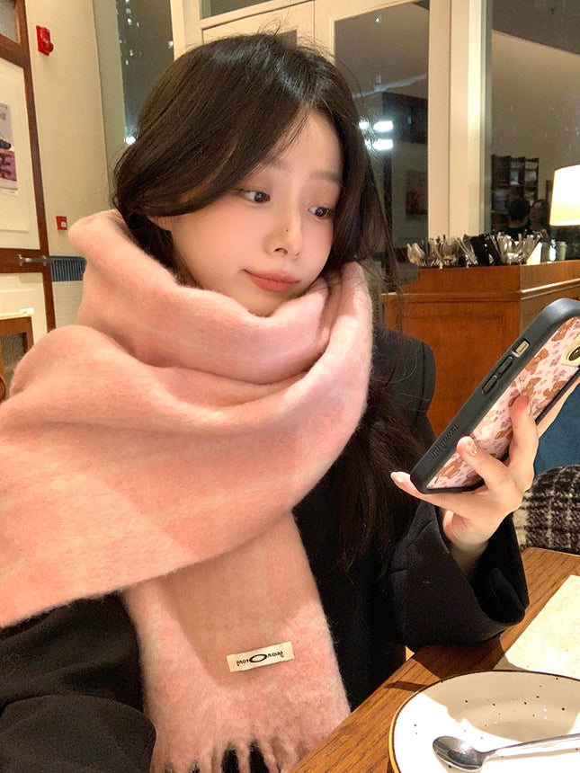 Korean Style Solid Color Tassel Plush Scarf Women's Winter Outdoor Cycling Student Commuting Warm Cold-proof Fashionable Scarf
