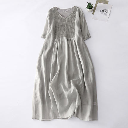 2023 Summer Design Sense Organ Pleat Artistic Retro Solid Color V-neck Ramie Cool Slimming Long Dress Women's Dress