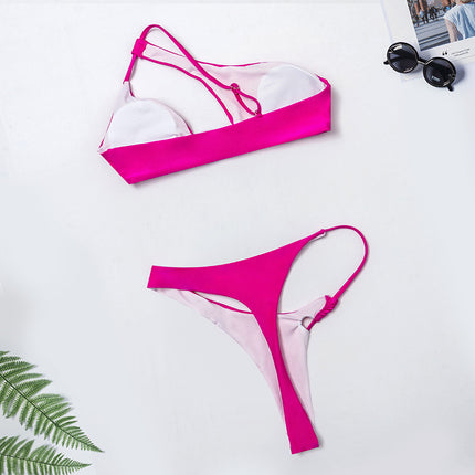 2023 One-Shoulder Swimsuit Women's Bikini Two-Piece Swimsuit Solid Color Split-Style Women's Wireless Split-Style Sporty Model