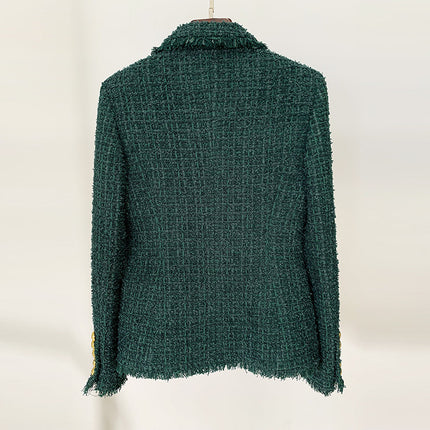 In Stock 2026 Autumn and Winter New European and American High-End Fabric Fringed Tweed Slim-Fit Blazer Dark Green