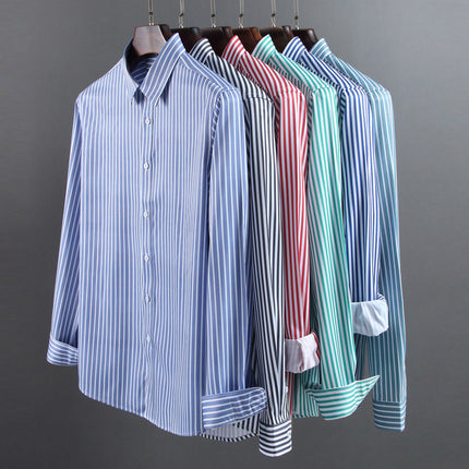 Winter New Elastic Warm One-piece Velvet Casual Men's Shirt Business Cold-proof fleece-lined Striped Shirt for Middle-aged and Elderly