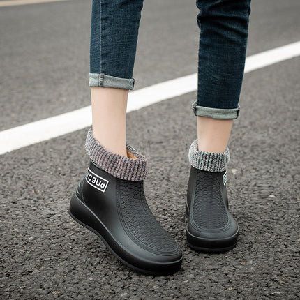 Cross-Border Rain Boots for Women, Short-Tube Fashionable Outer Wear Student Rain Boots, Winter Velvet Warm Rubber Shoes, Low-Tube New Water Shoes