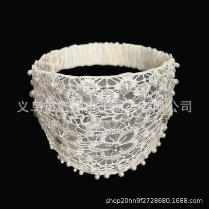Cross-border Beaded Hair Band Women's Hollow Breathable White Hair Covering Lace Wide-brimmed Headgear Pressing Hair Tape Headband Hair Protecting