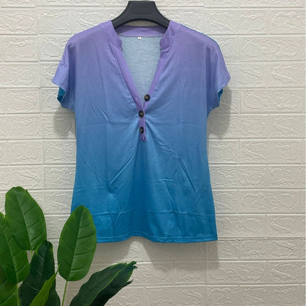European and American Cross-Border 2024 Export Spring and Summer New Products Amazon Wish Gradient Printed Twist Button Fashion Short-Sleeved T-Shirt for Women