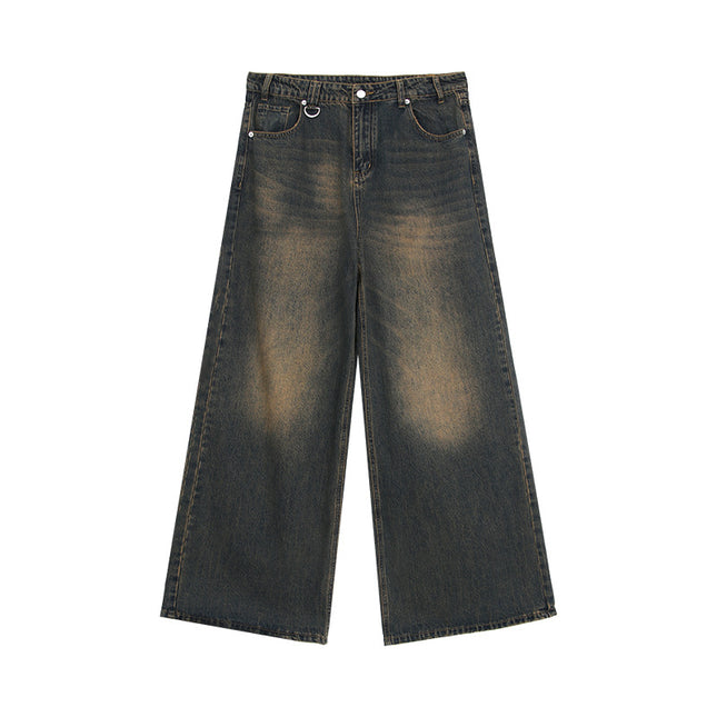 Niche worn-out vintage washed straight jeans men's autumn New loose all-match wide-leg mop pants