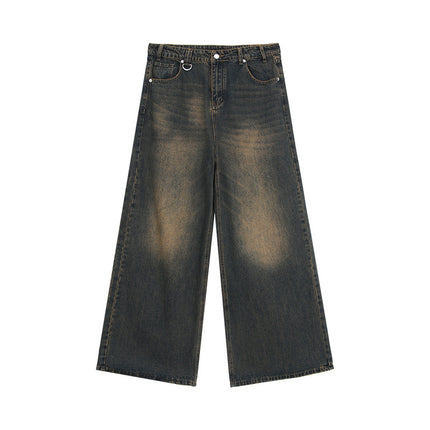 Niche worn-out vintage washed straight jeans men's autumn New loose all-match wide-leg mop pants