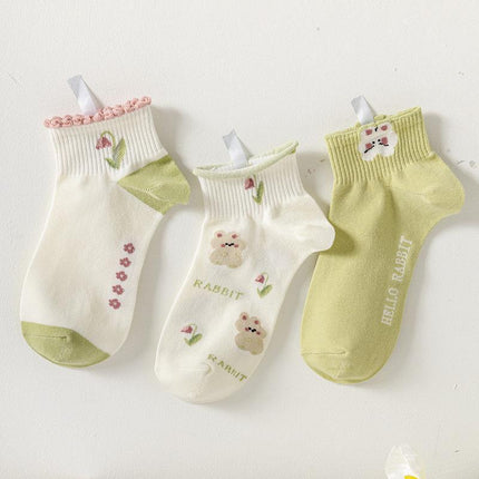 Women's Green Short Socks, Boat Socks, Short Socks, College Style, Casual Versatile Summer Thin Socks