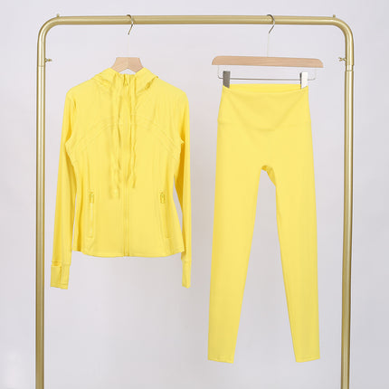 Lulu Df Stamped Hooded Jacket and Cropped Pants Set, Tight-Fitting Stretch Jacket with Gold Zipper, Fitness Yoga Outfit