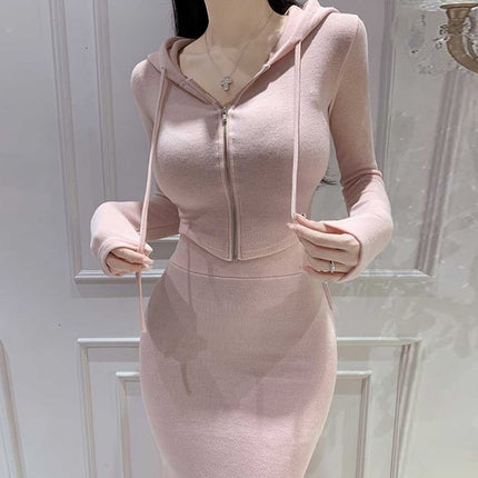South Korea Dongdaemun Slim-fit Sexy Spice Girl Figure Short Hooded Jacket Sheath Fishtail Dress suit Women